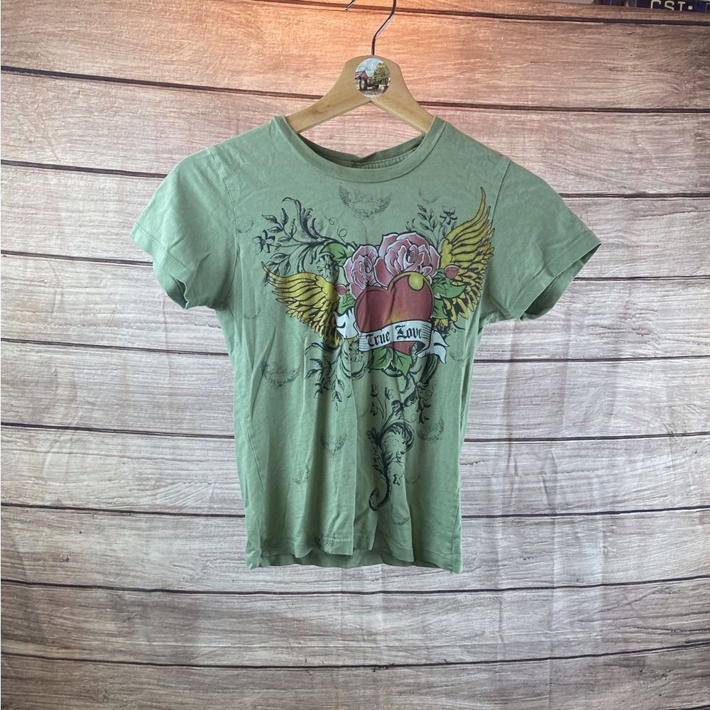 Green Graphic Tee with Heart & Wings